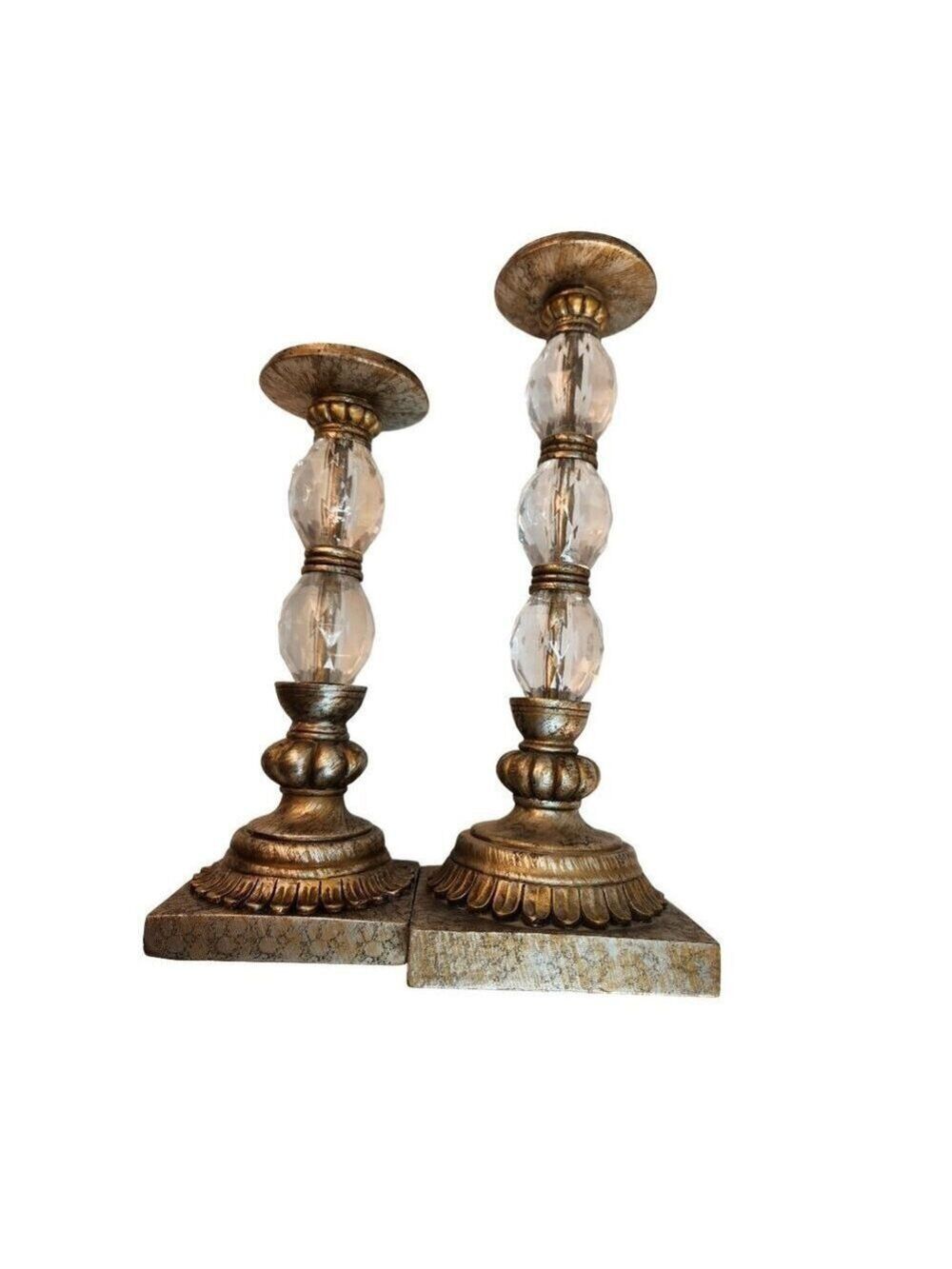 Set Of 2 Gold Acrylic Crystal Candle Holders Resin Bases 12 Inch 15 Inch
